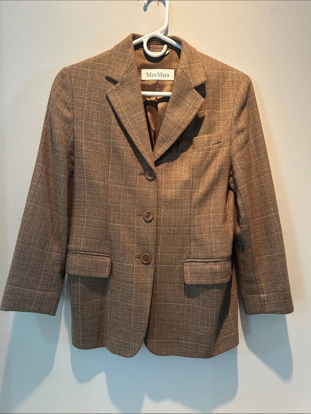 MaxMara Tan Brown Plaid Wool-Cashmere Blend Blazer